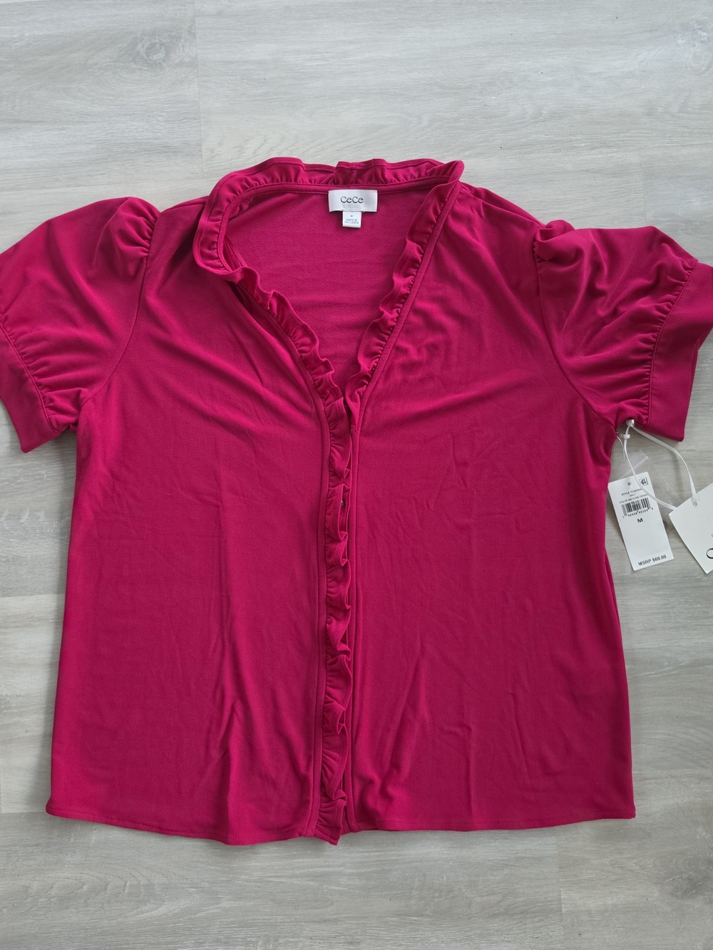 CeCe Ruffled V-Neck Short Sleeve Blouse - Fuchsia Size Medium